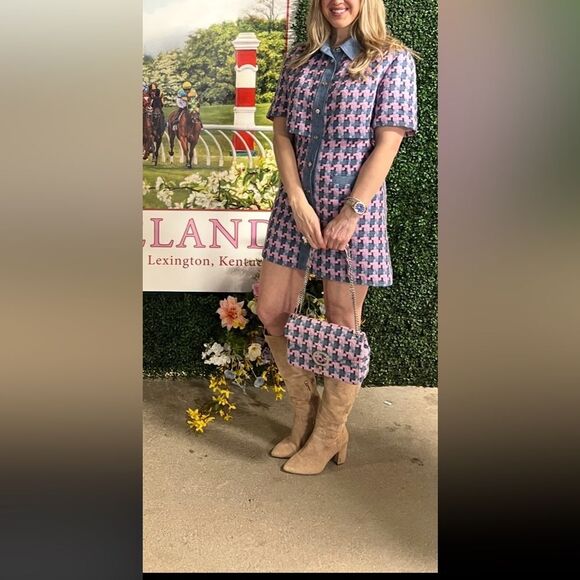 Sandro Amadora pink blue houndstooth tweed mini dress 38 6 - Picture 1 of 9